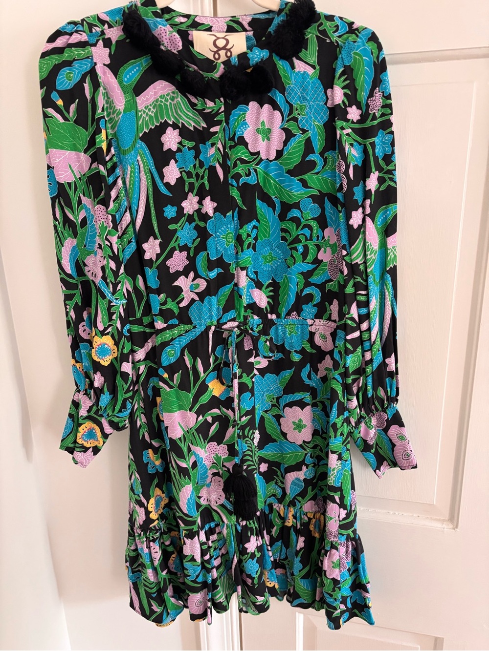 Figure Black Floral Drawstring Mini Dress with Pink & Green Accents